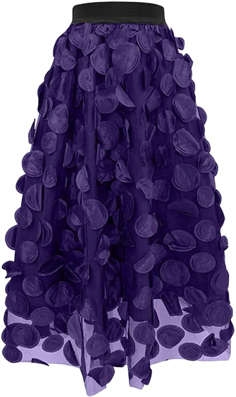 Women Tulle Midi Skirt High Elastic Waist 3D Polka Dot Mesh Skirt A-Line Layered Bubble Skirt Graduation Dress
