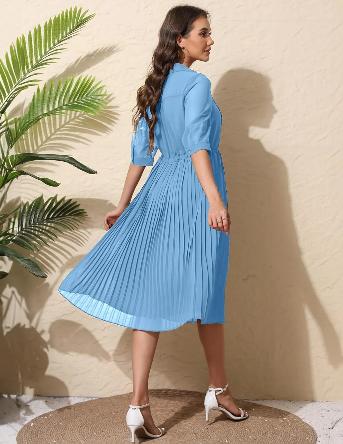 Women V Neck 3/4 Sleeve Pleated A-Line Dress with Belt Swing Midi Dresses for Spring Summer Autumn