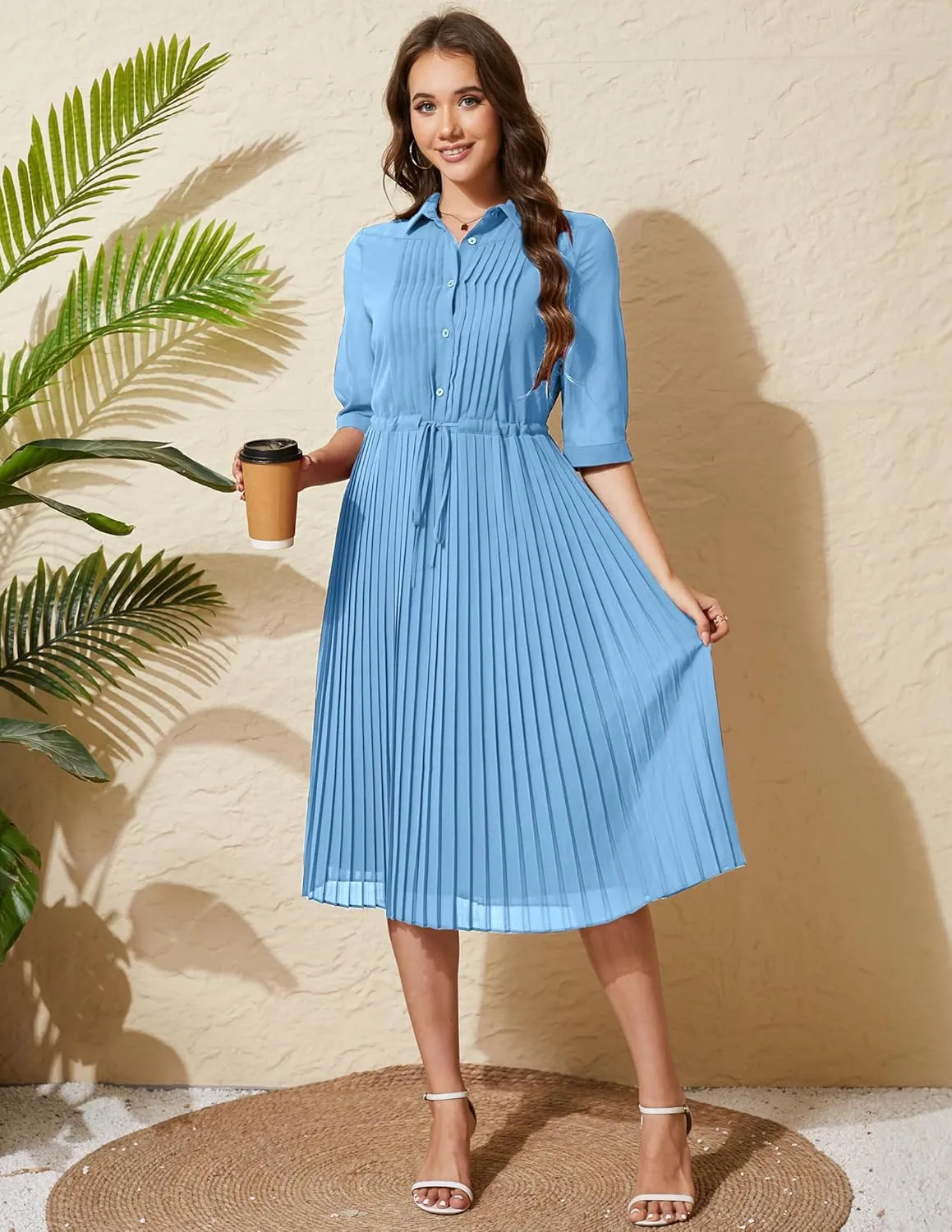 Women V Neck 3/4 Sleeve Pleated A-Line Dress with Belt Swing Midi Dresses for Spring Summer Autumn
