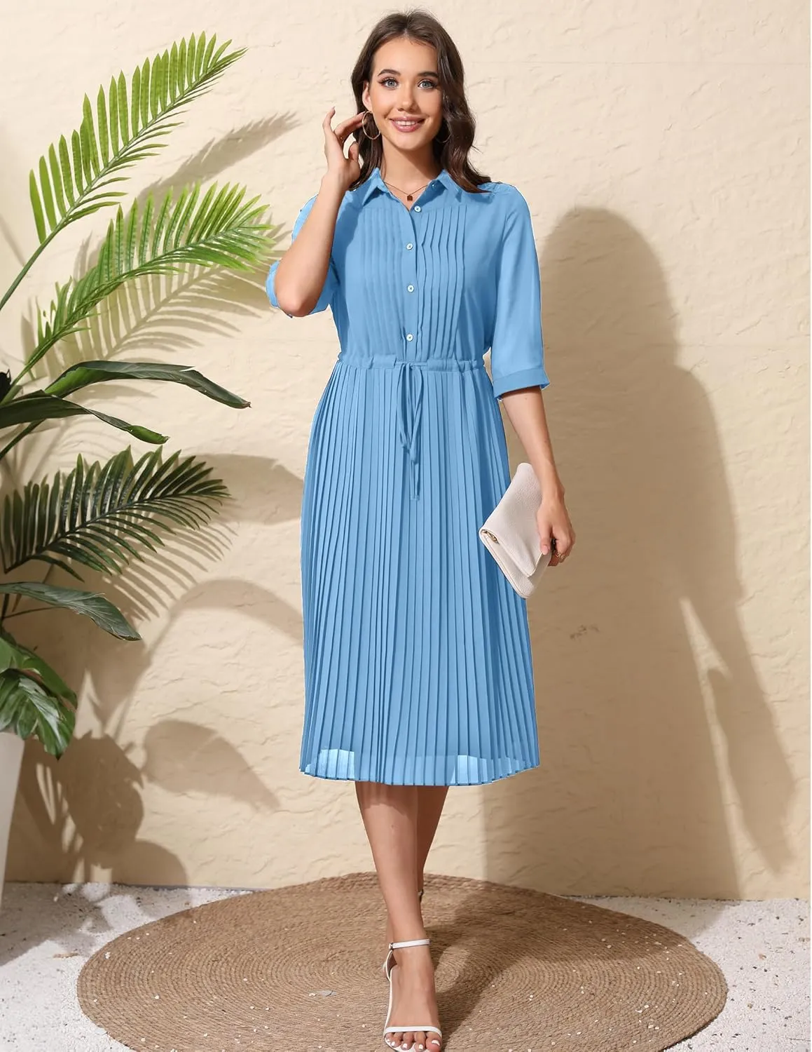 Women V Neck 3/4 Sleeve Pleated A-Line Dress with Belt Swing Midi Dresses for Spring Summer Autumn