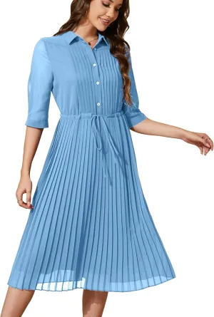 Women V Neck 3/4 Sleeve Pleated A-Line Dress with Belt Swing Midi Dresses for Spring Summer Autumn