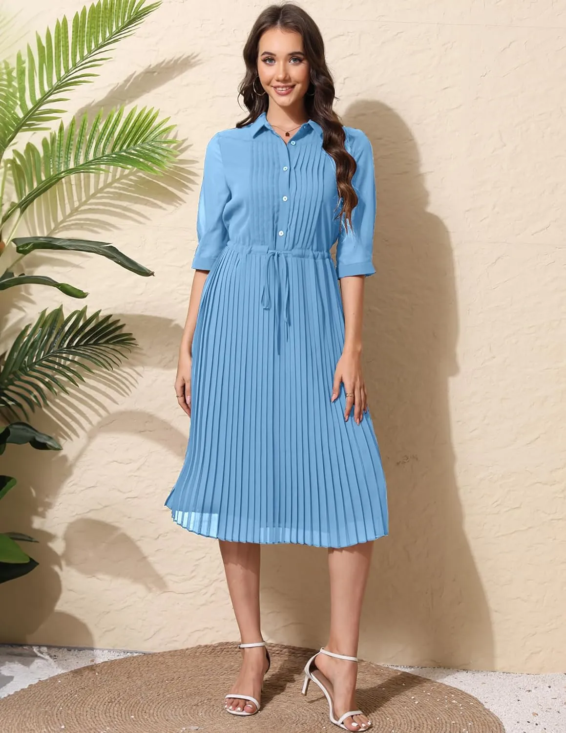 Women V Neck 3/4 Sleeve Pleated A-Line Dress with Belt Swing Midi Dresses for Spring Summer Autumn