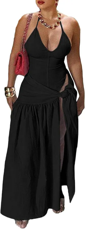 Women Wrap Tied Maxi Skirt Set Halter Backless Thong Bodysuit Sexy Summer Beach Vacation Clothes 2 Piece Outfits