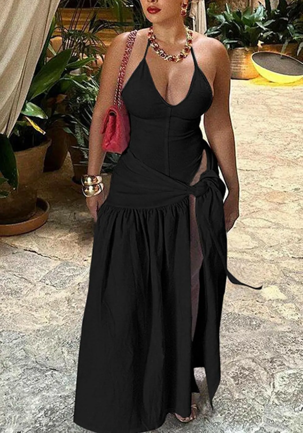 Women Wrap Tied Maxi Skirt Set Halter Backless Thong Bodysuit Sexy Summer Beach Vacation Clothes 2 Piece Outfits