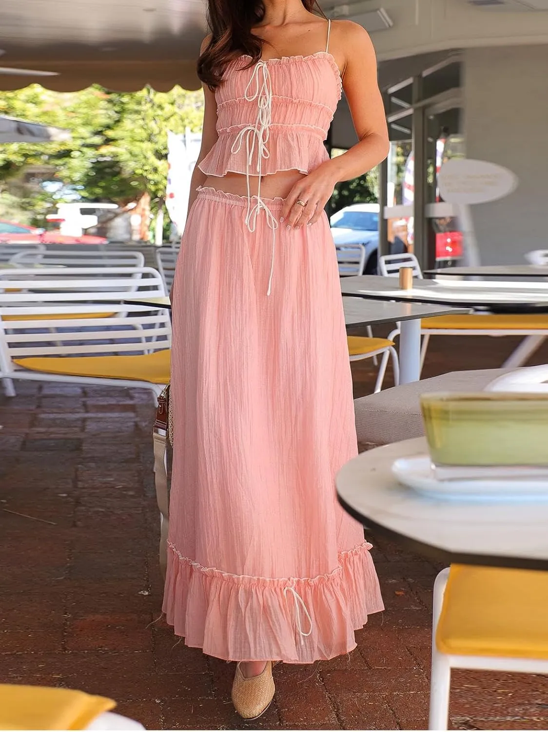Women Y2k 2 Piece Maxi Skirt Set Lace Up Backless Tank Top Flowy Ruffle Long Skirt Outfits Going Out Streetwear