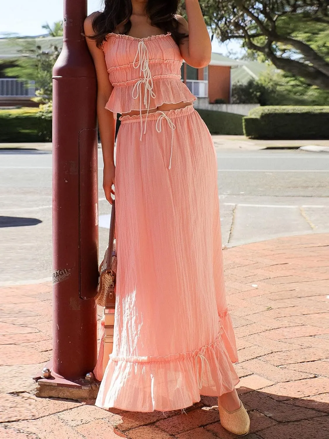 Women Y2k 2 Piece Maxi Skirt Set Lace Up Backless Tank Top Flowy Ruffle Long Skirt Outfits Going Out Streetwear