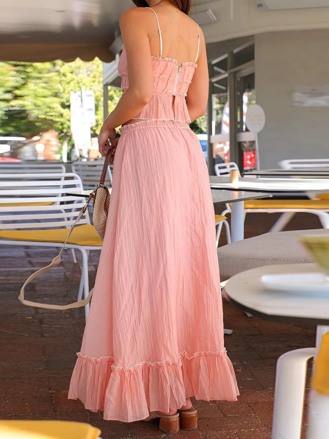 Women Y2k 2 Piece Maxi Skirt Set Lace Up Backless Tank Top Flowy Ruffle Long Skirt Outfits Going Out Streetwear