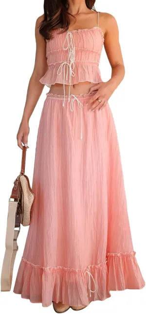 Women Y2k 2 Piece Maxi Skirt Set Lace Up Backless Tank Top Flowy Ruffle Long Skirt Outfits Going Out Streetwear