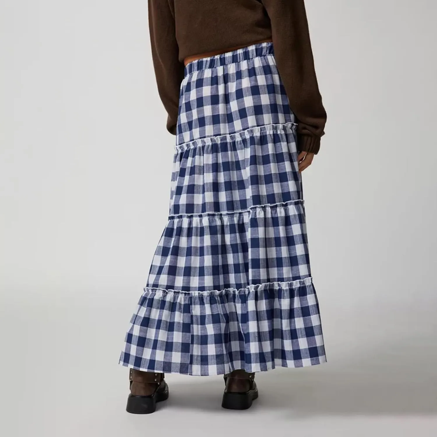 Women Y2K Plaid Tiered Maxi Skirts Elastic High Waist Gingham Pleated Long Skirt Vintage Flowy A Line Swing Skirts
