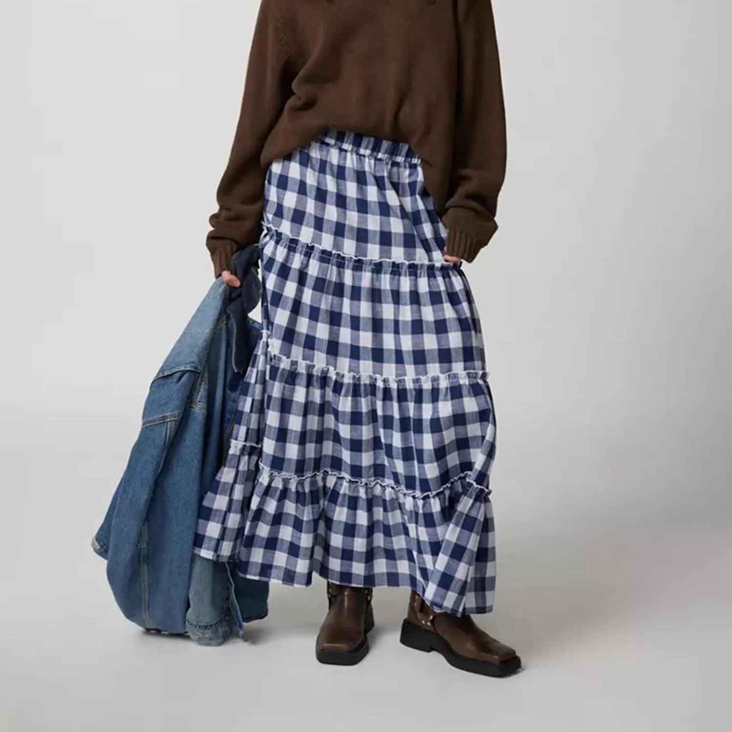 Women Y2K Plaid Tiered Maxi Skirts Elastic High Waist Gingham Pleated Long Skirt Vintage Flowy A Line Swing Skirts