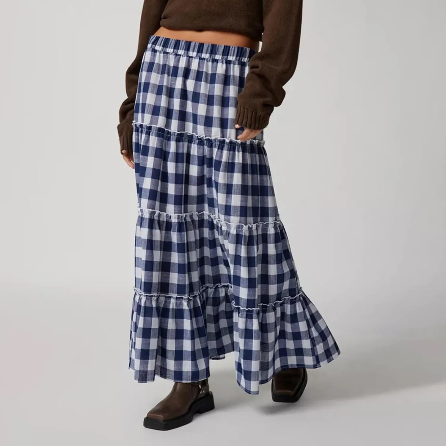 Women Y2K Plaid Tiered Maxi Skirts Elastic High Waist Gingham Pleated Long Skirt Vintage Flowy A Line Swing Skirts
