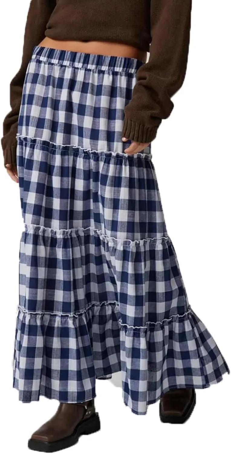 Women Y2K Plaid Tiered Maxi Skirts Elastic High Waist Gingham Pleated Long Skirt Vintage Flowy A Line Swing Skirts