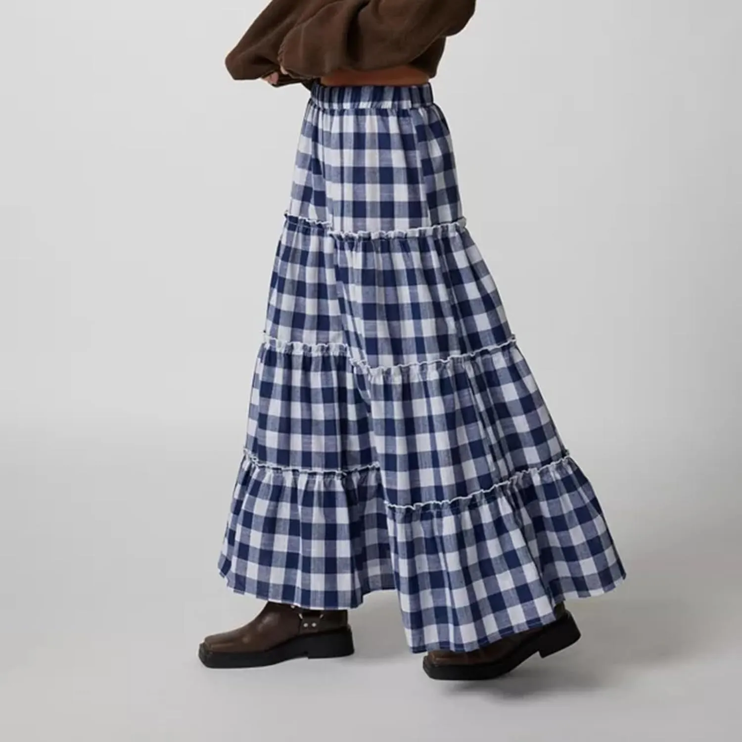 Women Y2K Plaid Tiered Maxi Skirts Elastic High Waist Gingham Pleated Long Skirt Vintage Flowy A Line Swing Skirts