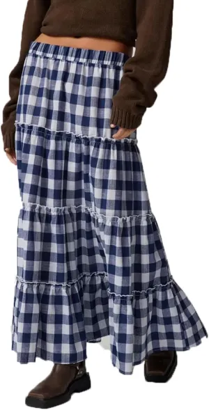 Women Y2K Plaid Tiered Maxi Skirts Elastic High Waist Gingham Pleated Long Skirt Vintage Flowy A Line Swing Skirts