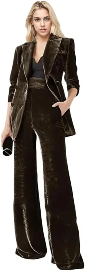 Women's 2 Piece Velvet Suit Office Work Suit Notch Lapel Double Breasted Blazer Pants Business Suit Set
