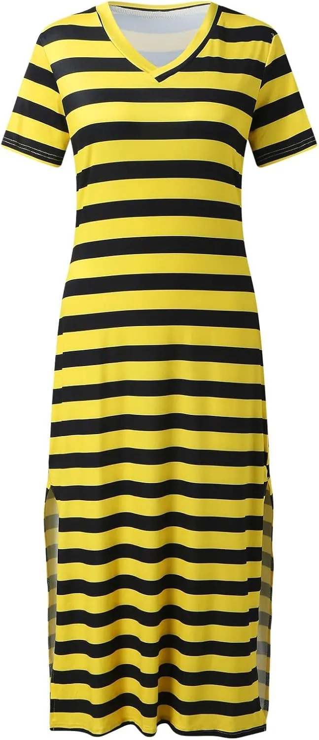 Womens 2024 Casual Maxi Dress Trendy Short Sleeve V Neck High Split Stripe Sundress Summer Long Beach Tshirt Dresses