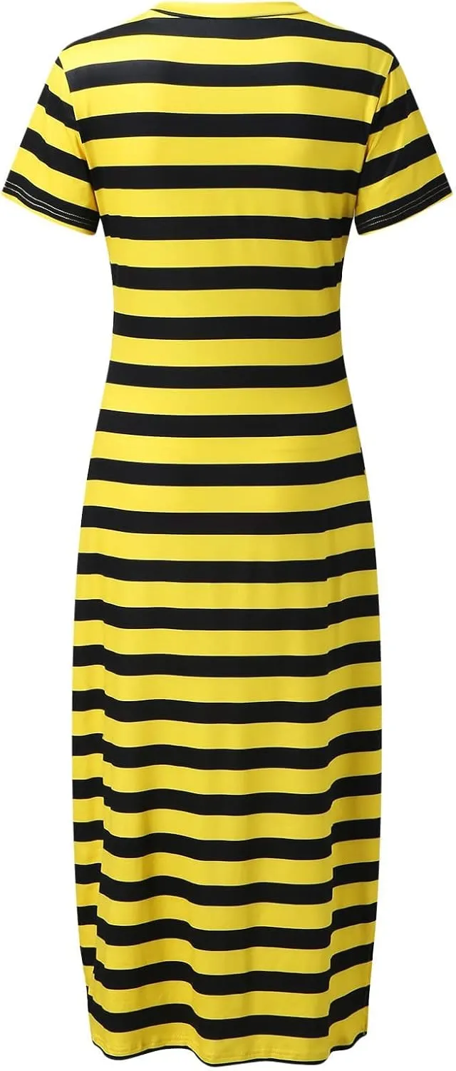 Womens 2024 Casual Maxi Dress Trendy Short Sleeve V Neck High Split Stripe Sundress Summer Long Beach Tshirt Dresses