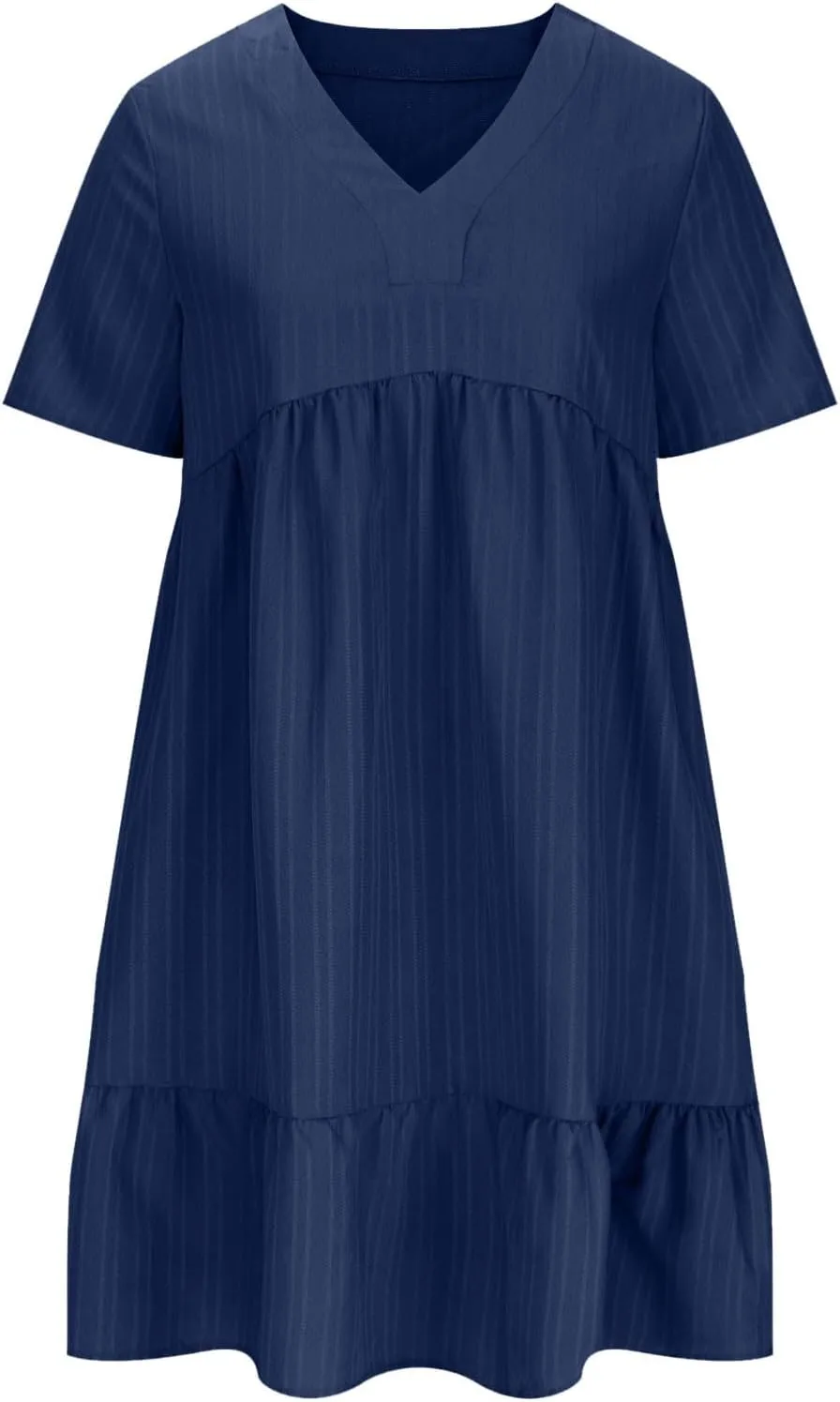 Women's 2025 Summer Short Sleeve Mini Dress Textured Fashion Beach Boho Dress V Neck Casual Ruffle Hem Swing Dress