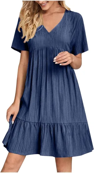 Women's 2025 Summer Short Sleeve Mini Dress Textured Fashion Beach Boho Dress V Neck Casual Ruffle Hem Swing Dress