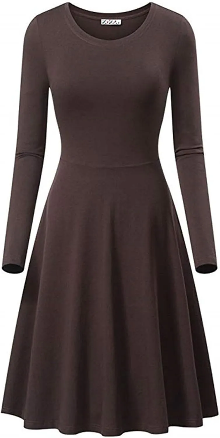 Womens 2025 Trendy Dresses Crew Neck Long Sleeve A Line Loose Casual Midi Dress Solid Coloer Swing Plus Size Dress
