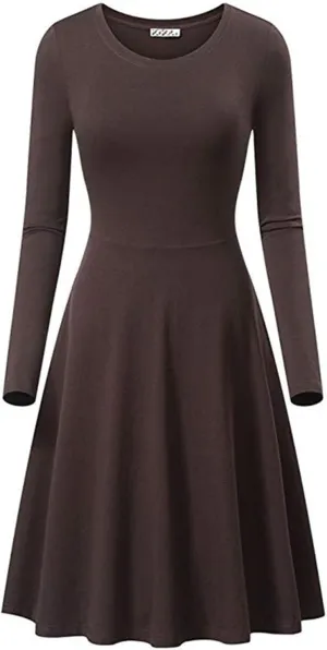 Womens 2025 Trendy Dresses Crew Neck Long Sleeve A Line Loose Casual Midi Dress Solid Coloer Swing Plus Size Dress