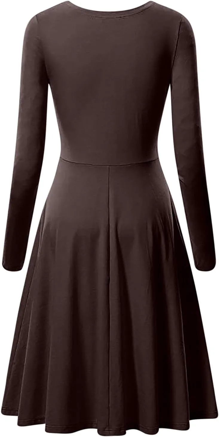 Womens 2025 Trendy Dresses Crew Neck Long Sleeve A Line Loose Casual Midi Dress Solid Coloer Swing Plus Size Dress