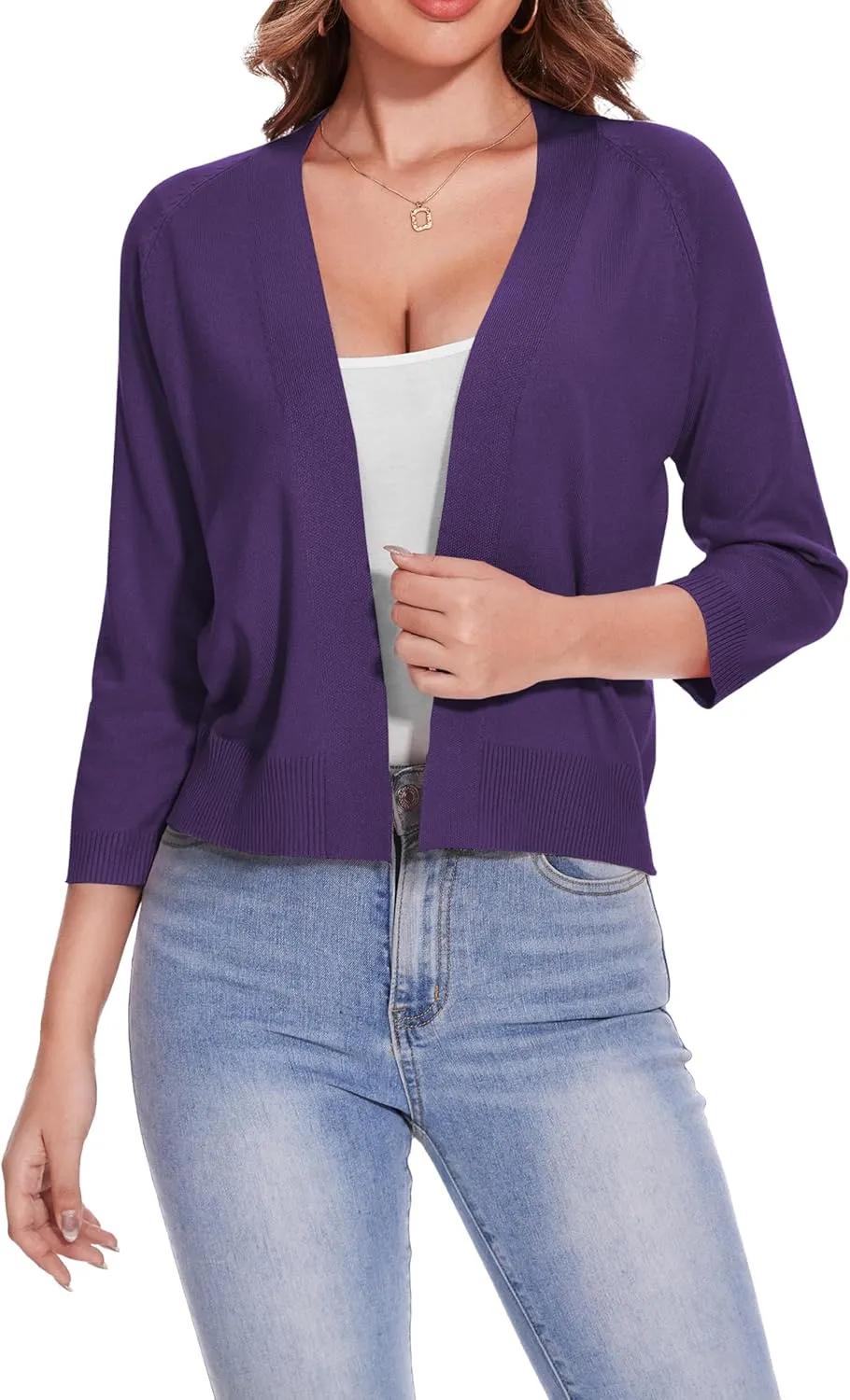 Women's 3/4 Sleeve Open Front Cropped Cardigan Solid Shrugs Lightweight Knit Sweater