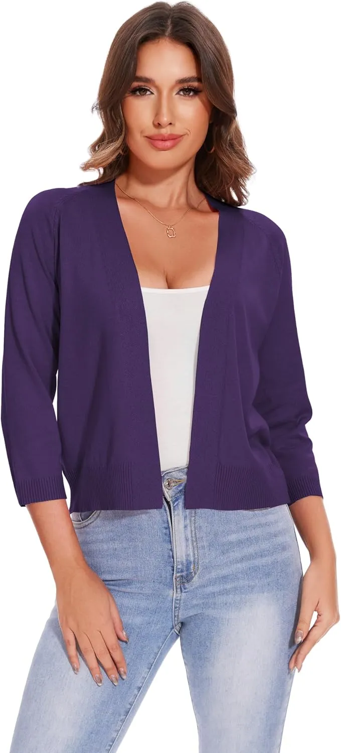 Women's 3/4 Sleeve Open Front Cropped Cardigan Solid Shrugs Lightweight Knit Sweater
