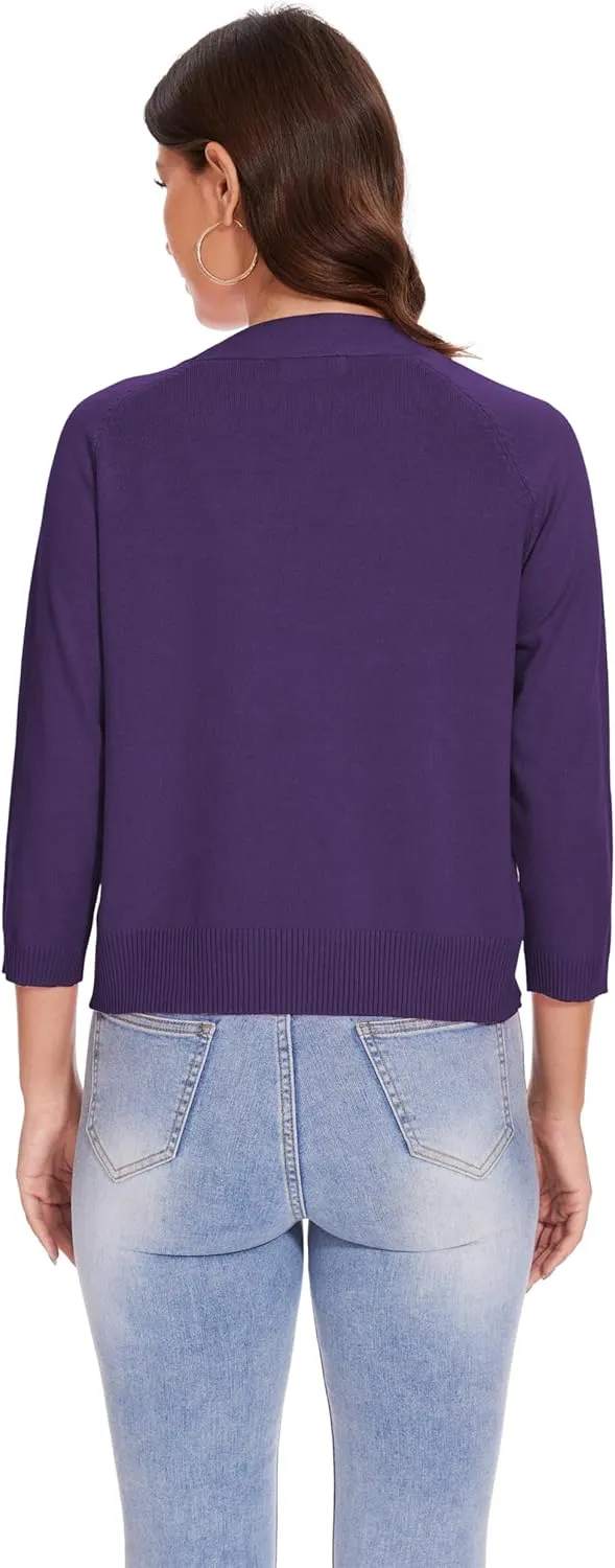 Women's 3/4 Sleeve Open Front Cropped Cardigan Solid Shrugs Lightweight Knit Sweater