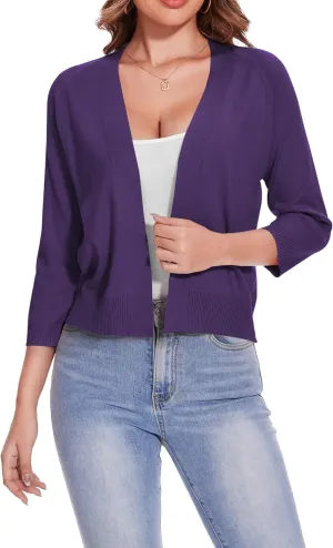 Women's 3/4 Sleeve Open Front Cropped Cardigan Solid Shrugs Lightweight Knit Sweater