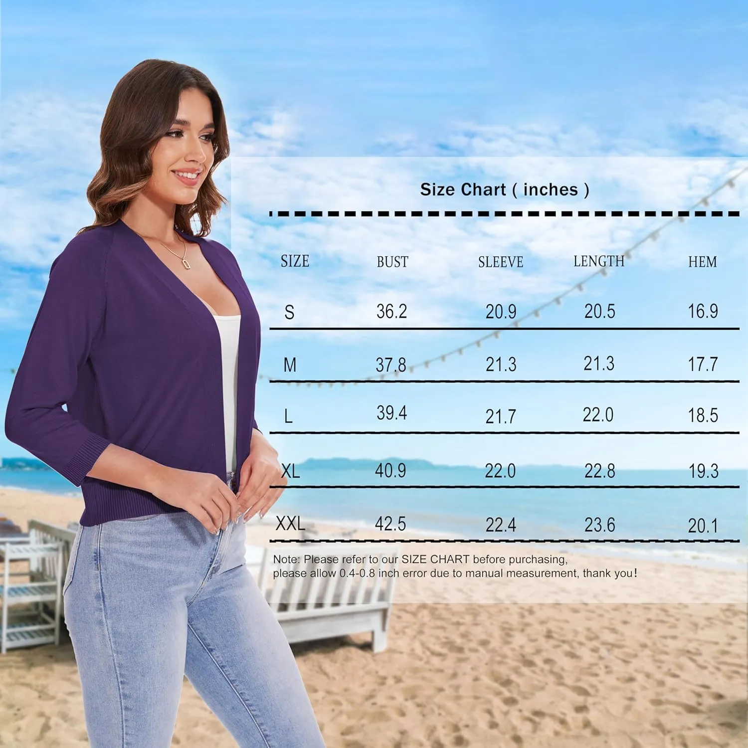 Women's 3/4 Sleeve Open Front Cropped Cardigan Solid Shrugs Lightweight Knit Sweater