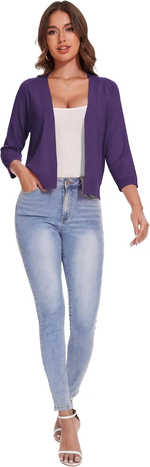 Women's 3/4 Sleeve Open Front Cropped Cardigan Solid Shrugs Lightweight Knit Sweater
