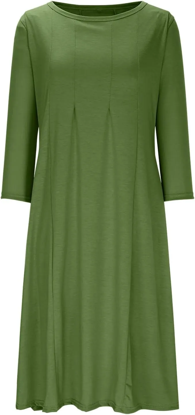 Womens A-line Midi Long Dress Trendy 3/4 Sleeve Plus Size Casual Spring Fall Dresses Crew Neck Shirt Long Tunic Dress