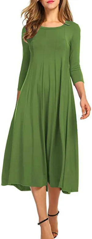 Womens A-line Midi Long Dress Trendy 3/4 Sleeve Plus Size Casual Spring Fall Dresses Crew Neck Shirt Long Tunic Dress