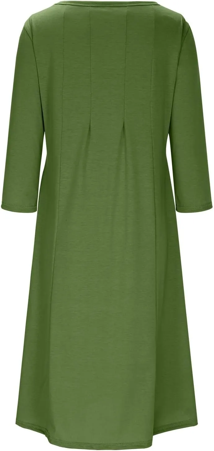 Womens A-line Midi Long Dress Trendy 3/4 Sleeve Plus Size Casual Spring Fall Dresses Crew Neck Shirt Long Tunic Dress