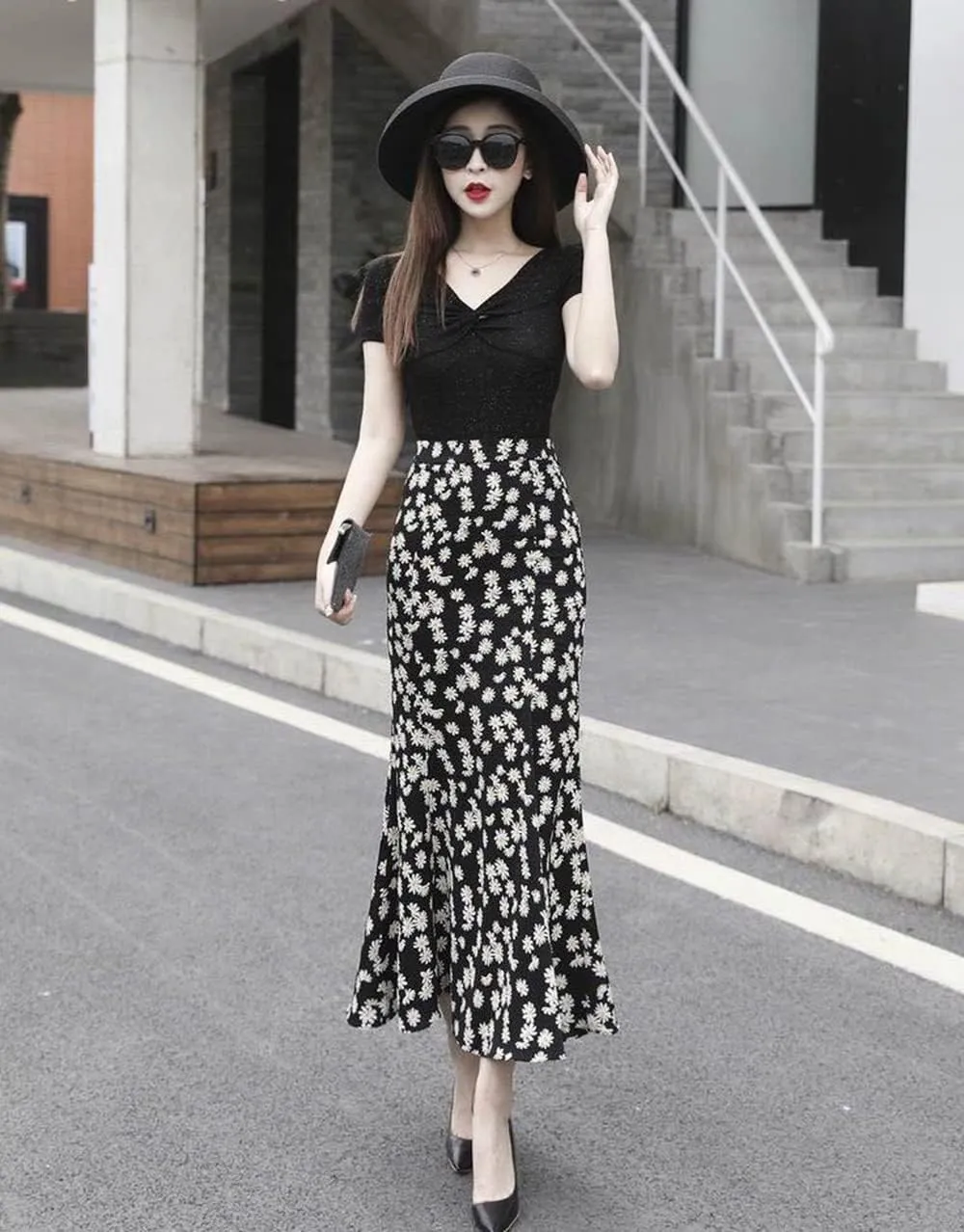 Women's A-Line Waisted Ruffle Long Skirt