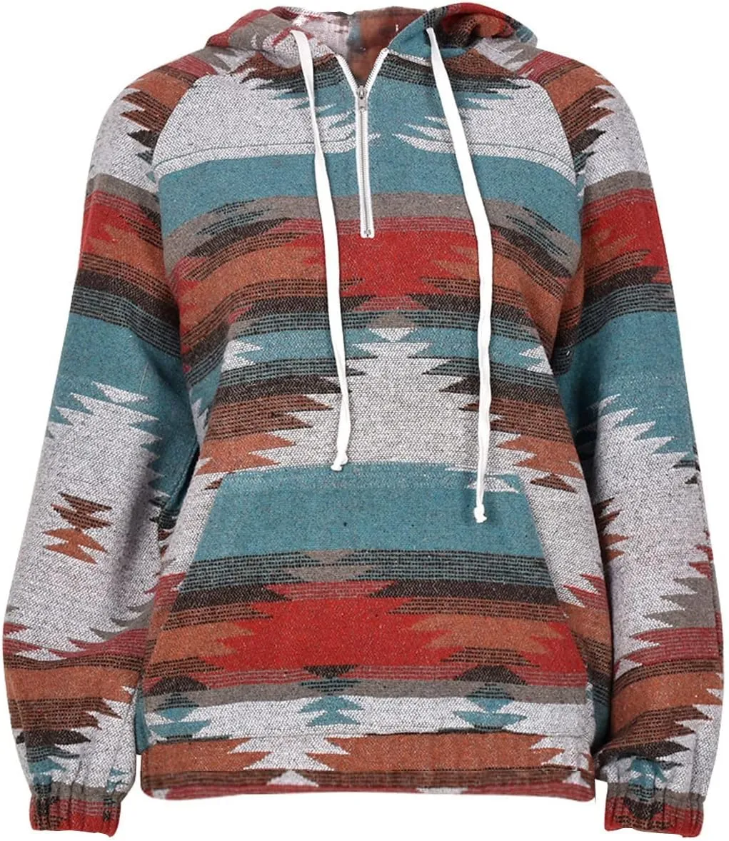 Women's Aztec Print Pattern Western Ethnic Half Zip Long Sleeve Pullover Hoodie Sweatshirt