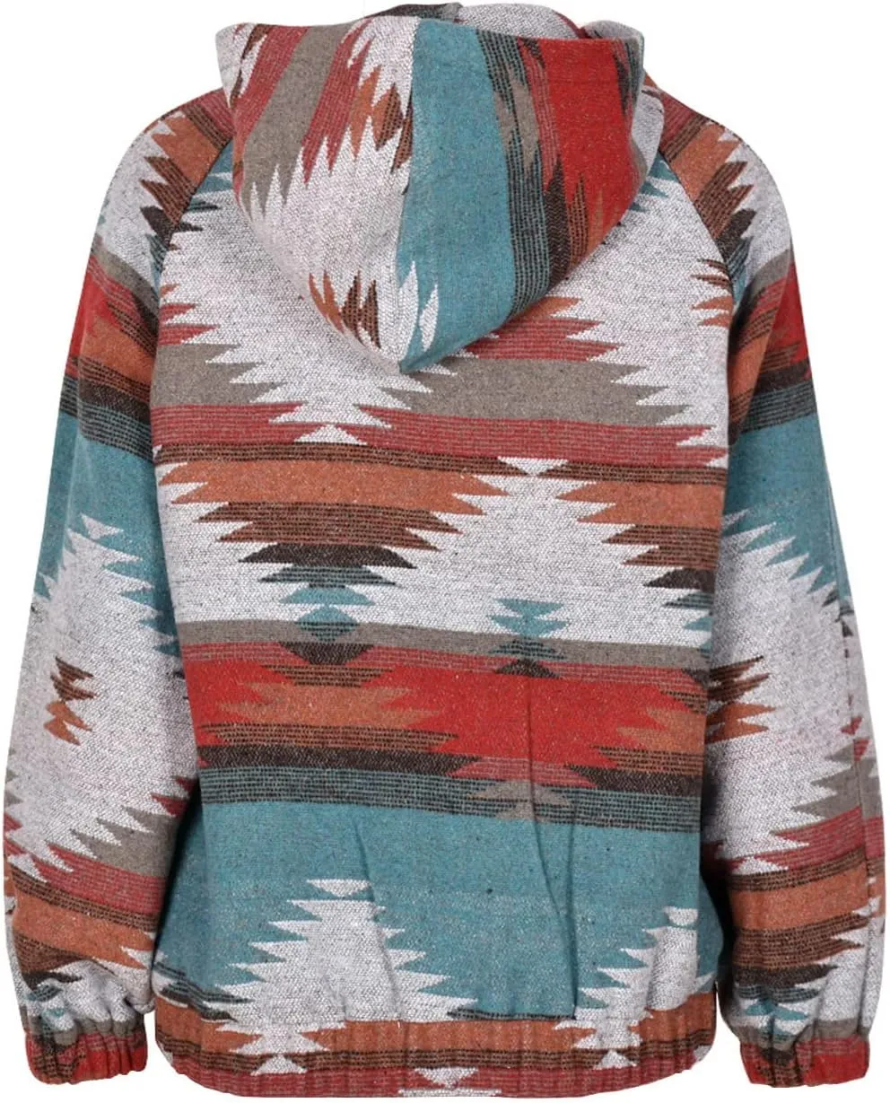 Women's Aztec Print Pattern Western Ethnic Half Zip Long Sleeve Pullover Hoodie Sweatshirt