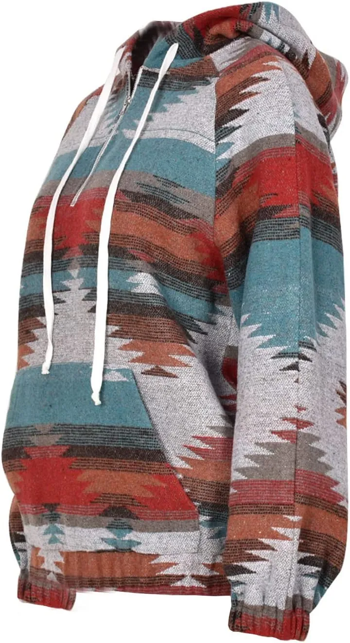 Women's Aztec Print Pattern Western Ethnic Half Zip Long Sleeve Pullover Hoodie Sweatshirt