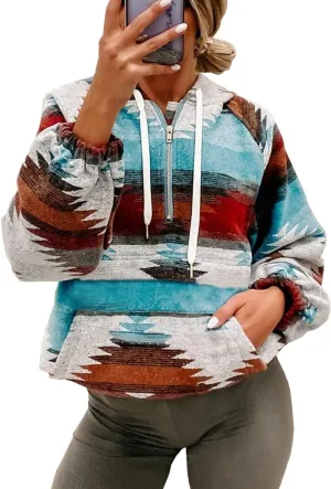 Women's Aztec Print Pattern Western Ethnic Half Zip Long Sleeve Pullover Hoodie Sweatshirt