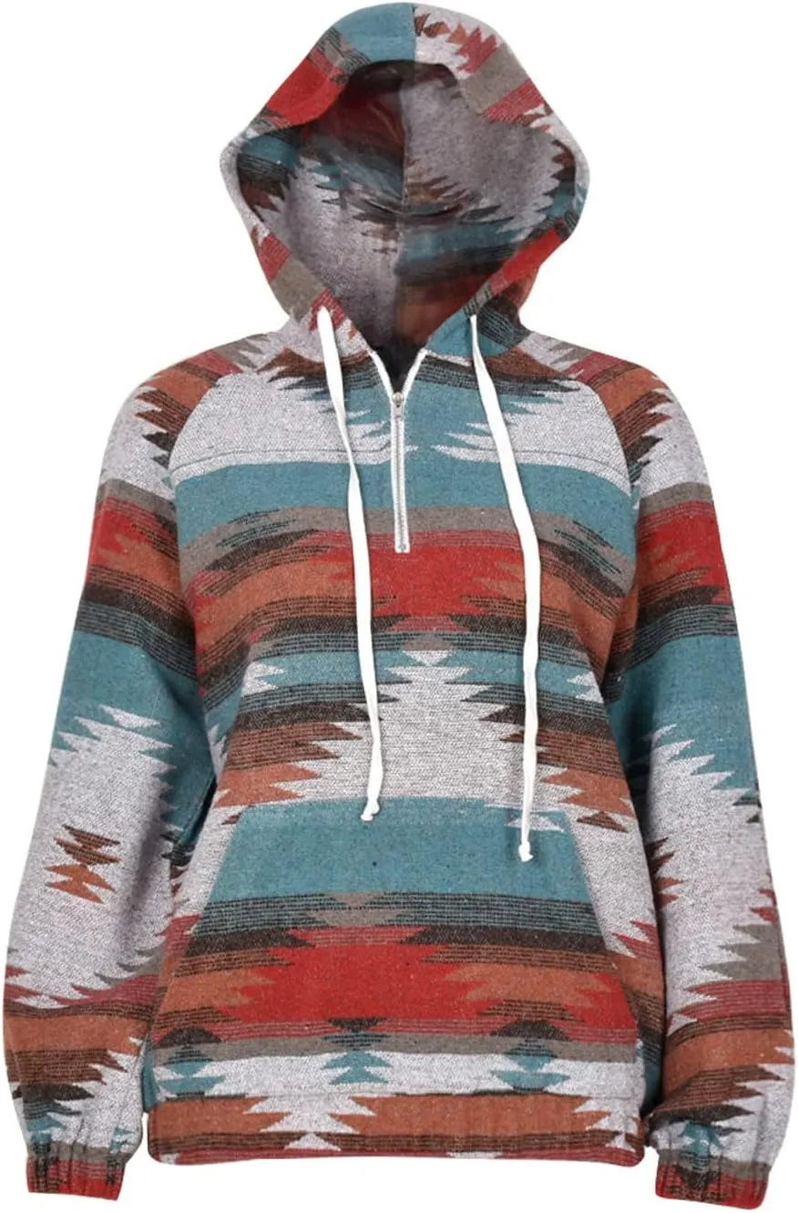 Women's Aztec Print Pattern Western Ethnic Half Zip Long Sleeve Pullover Hoodie Sweatshirt