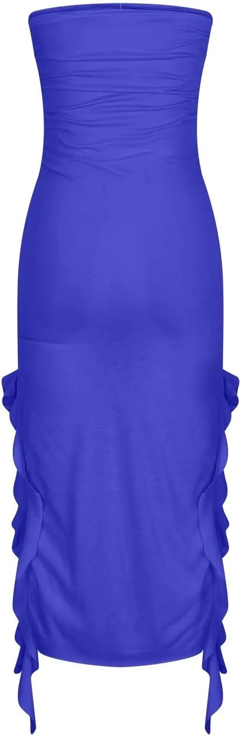 Women's Bodycon Tube Dress Sexy Strapless Y2K Ruffle Split Midi Dresses Irregular Hem Flowy Summer Party Sundress
