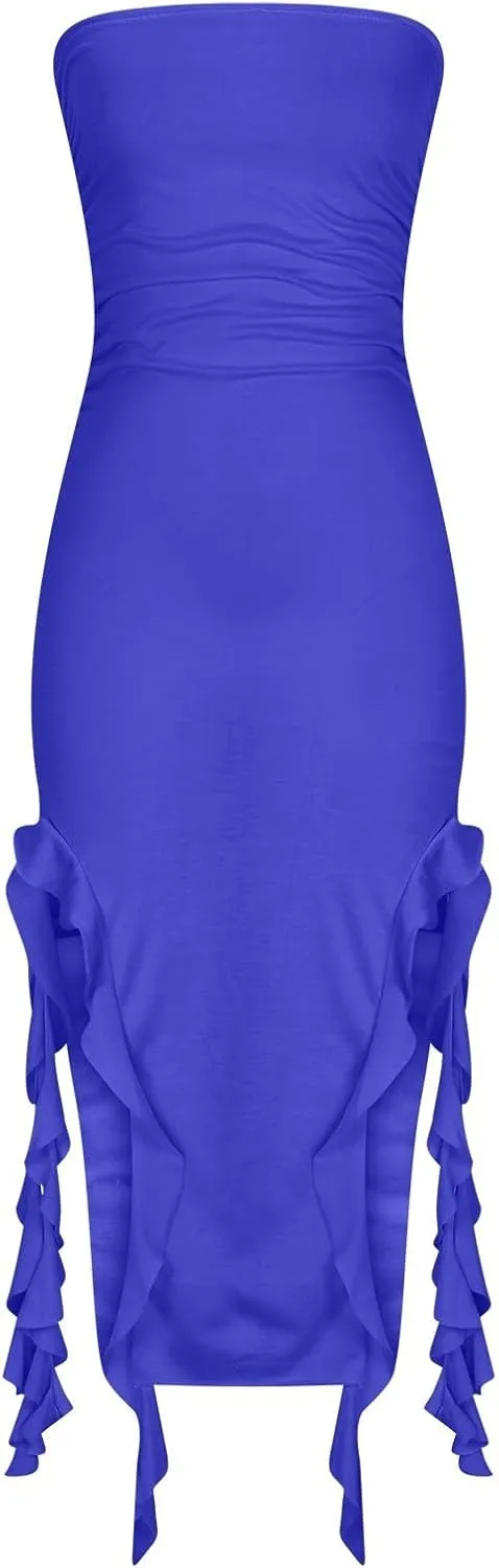Women's Bodycon Tube Dress Sexy Strapless Y2K Ruffle Split Midi Dresses Irregular Hem Flowy Summer Party Sundress