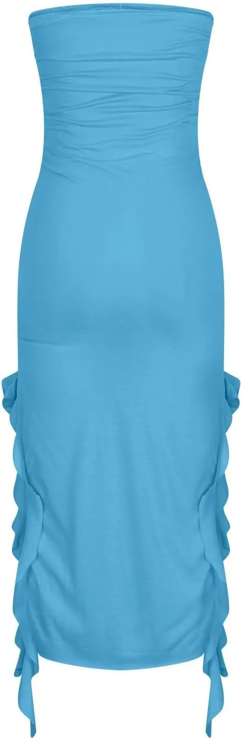 Women's Bodycon Tube Dress Sexy Strapless Y2K Ruffle Split Midi Dresses Irregular Hem Flowy Summer Party Sundress