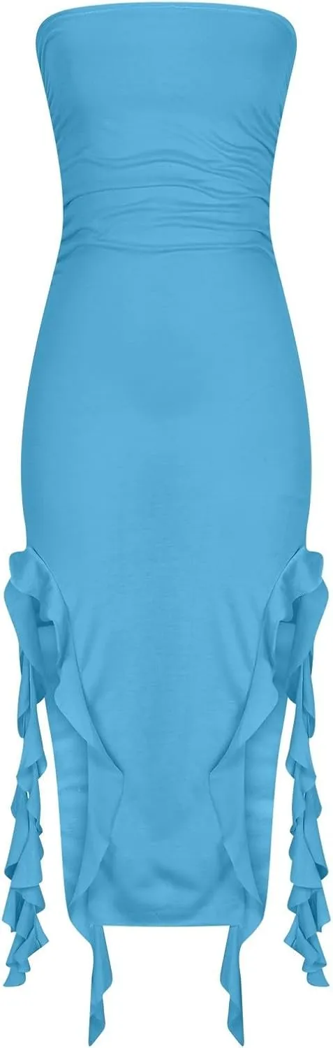 Women's Bodycon Tube Dress Sexy Strapless Y2K Ruffle Split Midi Dresses Irregular Hem Flowy Summer Party Sundress