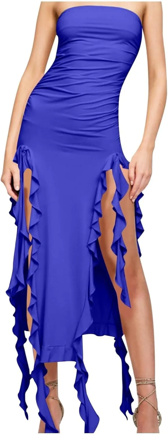 Women's Bodycon Tube Dress Sexy Strapless Y2K Ruffle Split Midi Dresses Irregular Hem Flowy Summer Party Sundress