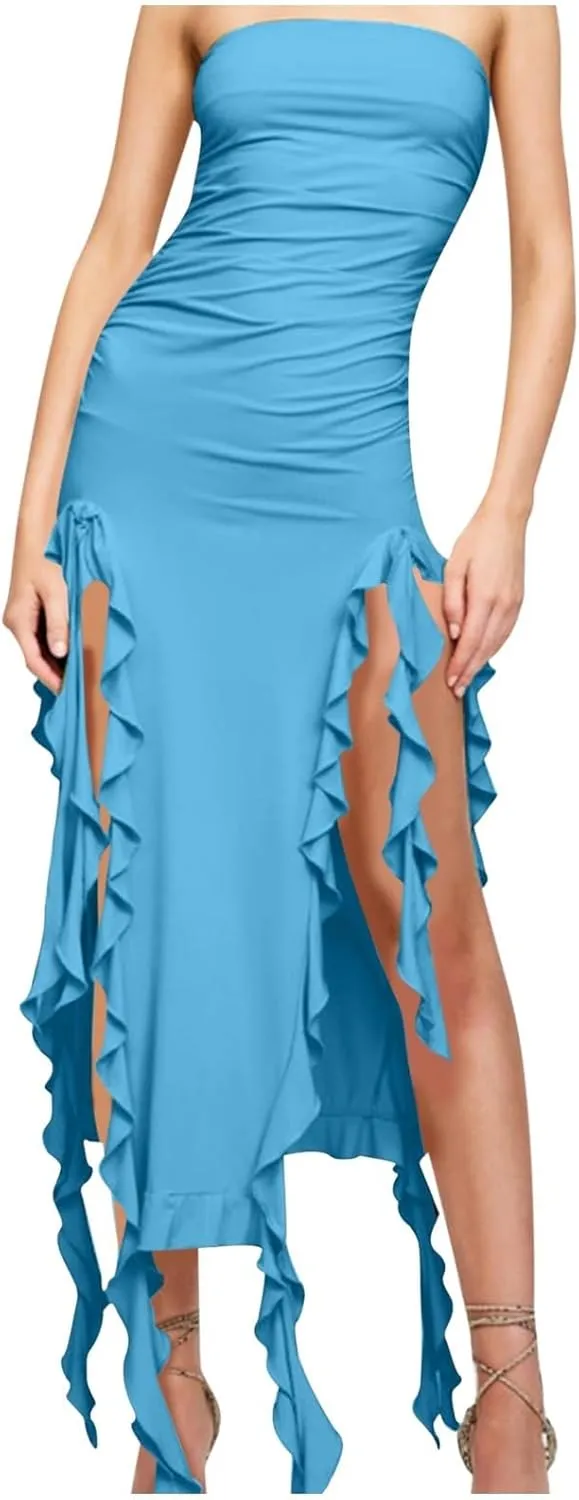 Women's Bodycon Tube Dress Sexy Strapless Y2K Ruffle Split Midi Dresses Irregular Hem Flowy Summer Party Sundress