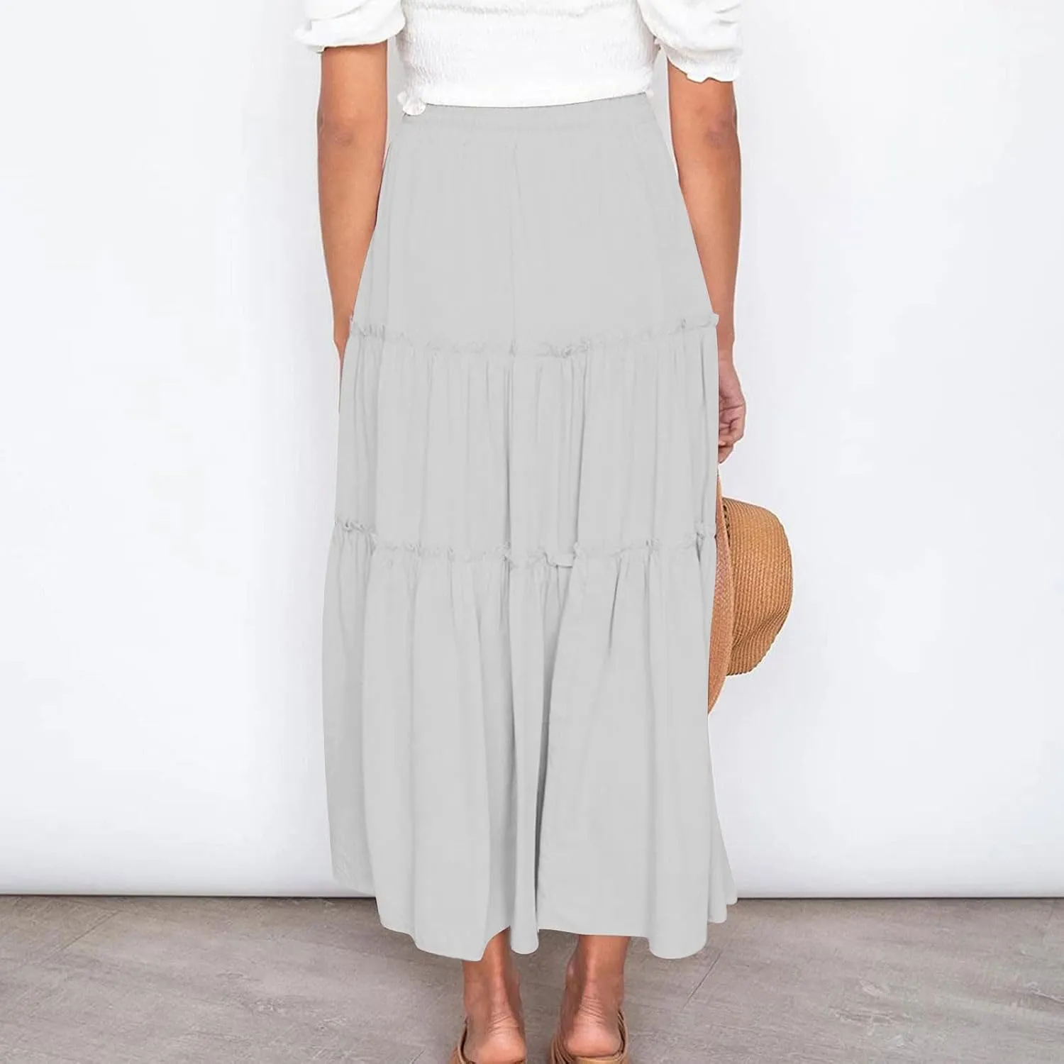 Women's Boho Maxi Skirt Summer Flowy Skirts A Line Pleated Skirts Ruffle Tiered Skirt Drawstring High Waist Skirt