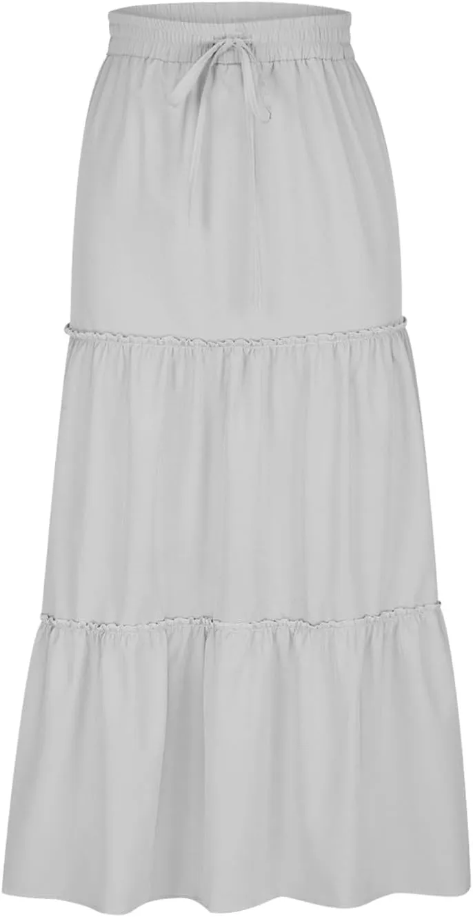 Women's Boho Maxi Skirt Summer Flowy Skirts A Line Pleated Skirts Ruffle Tiered Skirt Drawstring High Waist Skirt