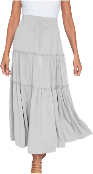 Women's Boho Maxi Skirt Summer Flowy Skirts A Line Pleated Skirts Ruffle Tiered Skirt Drawstring High Waist Skirt